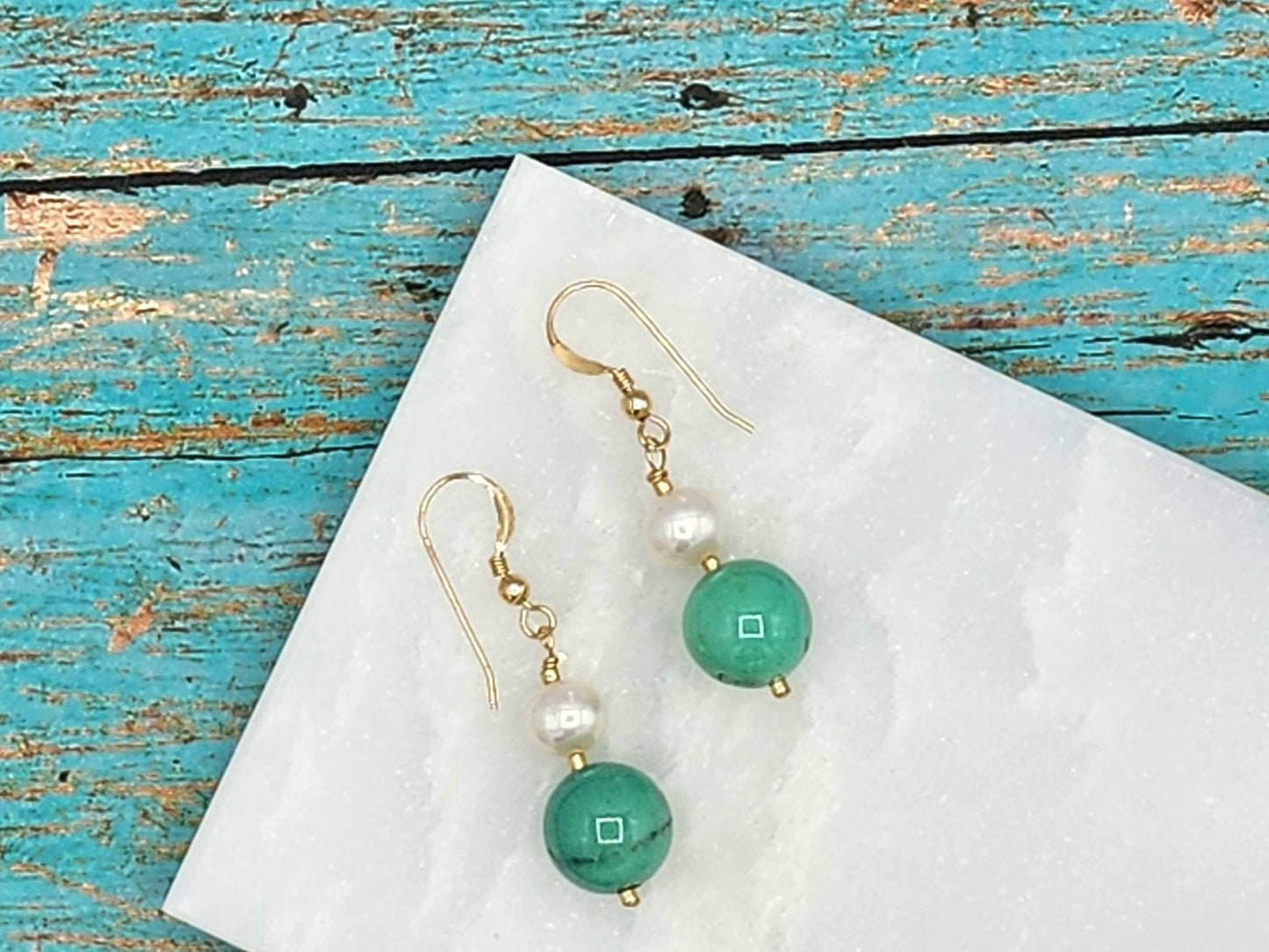 Green Grass Agate and Pearls Round Drop 14K Gold Filled 925 Sterling Silver Earrings