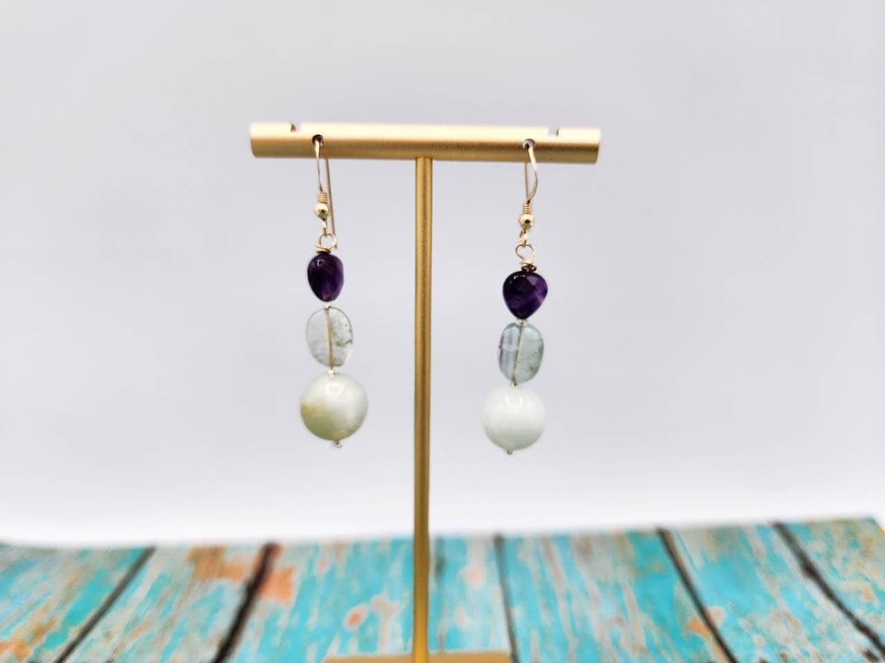 Green Jadeite and Amethyst Round Dangle 925 Sterling Silver Earrings