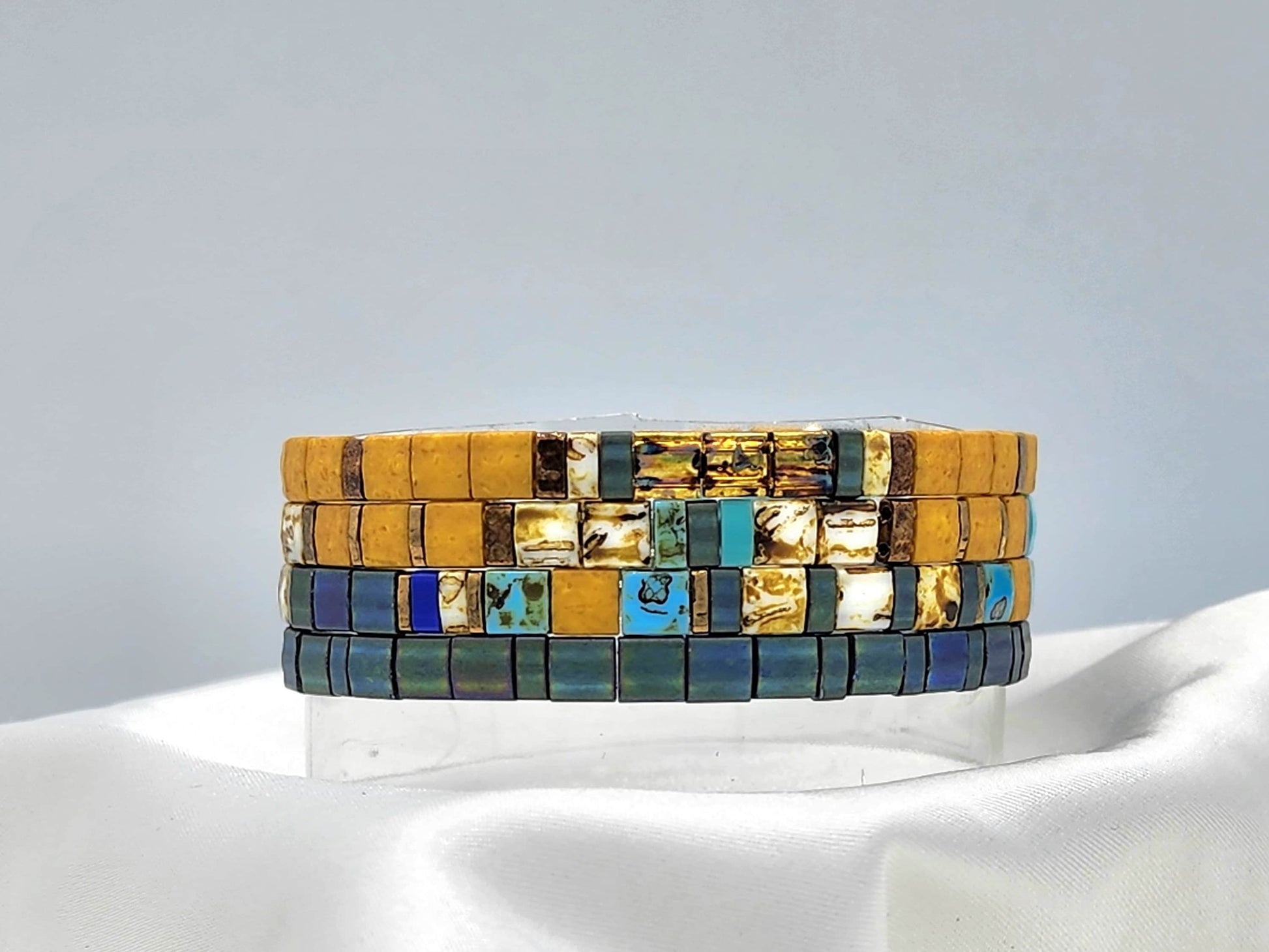Bracelet with rose, white, light blue and Gold Miyuki Tila Beads – The Gem  Stories