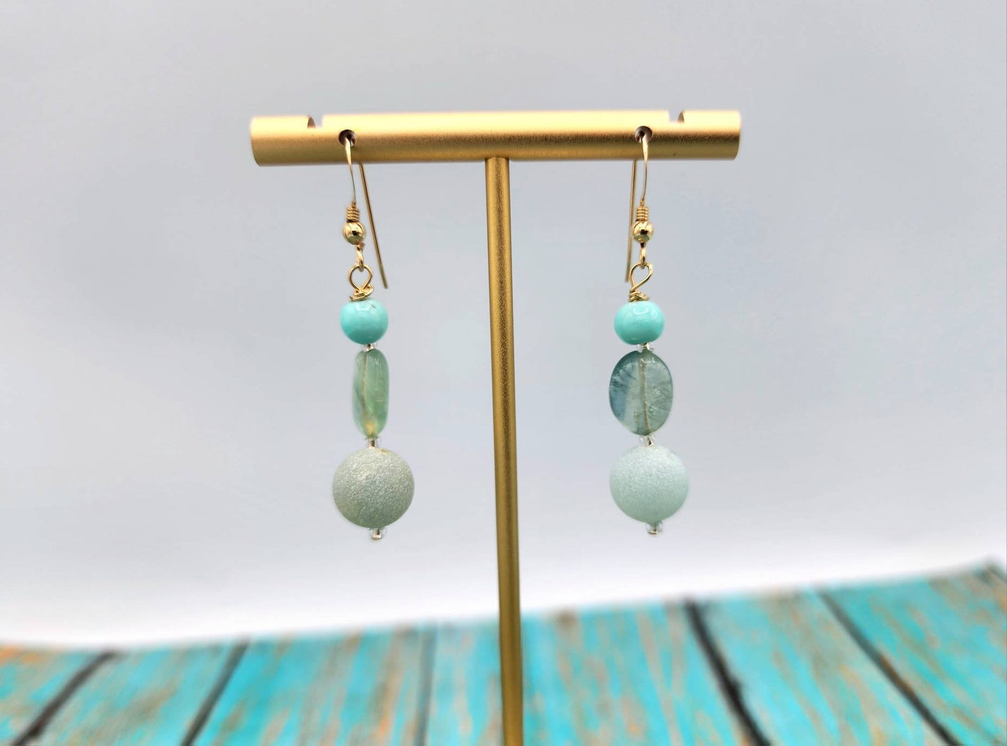 Green Jadeite, Amazonite and Crazy Lace Agate Round Drop 14K Gold Filled 925 Sterling Silver Earrings